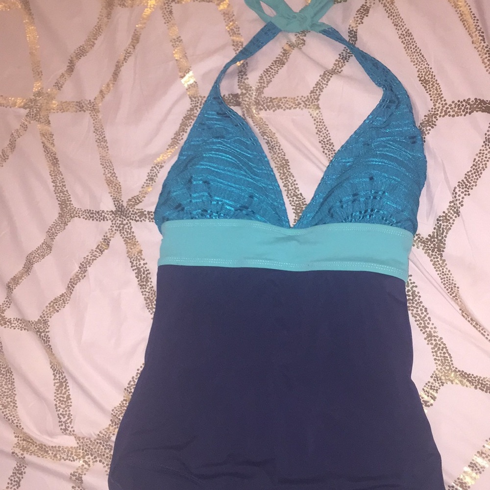 Blue one piece swimsuit.